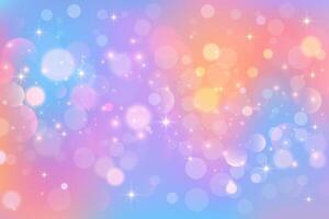 Glitter unicorn background with stars and bokeh. Pastel rainbow fantasy sky with magic light and cute bubbles. Kawaii dreamy space with sparkles and fairy gradation. dreamy gradient backdrop. vector