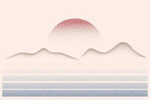 Stipple gradient landscape with mountains sun and sea. illustration with spray effect. Abstract dotted halftone texture. Dusty eclipse. Grunge vintage solar and waves. Dissolve fade desert. vector