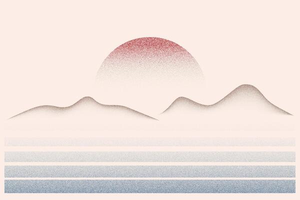 Stipple gradient landscape with mountains sun and sea. illustration with spray effect. Abstract dotted halftone texture. Dusty eclipse. Grunge vintage solar and waves. Dissolve fade desert.