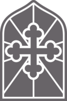 Church glass window. Gothic arch frame with medieval symbol. Vintage architecture element. Stained mosaic decoration with cross png