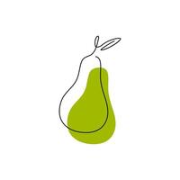 Pear in continuous contour drawing. Silhouette fruit in one line style with abstract color spot. Organic simple logo concept design isolated on white. Harvest hand drawn flat illustration vector