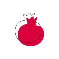 Pomegranate in modern single one line art with abstract red color spot. Fruit logo continuous contour drawing. Farmer market outline icon concept design. Hand drawn flat illustration isolated vector