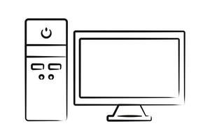 Sketch Computer block and monitor isolated. Power button and screen. Contour technologies. Desktop display. Linear office equipment. Pencil drawing of object on white background. illustration vector