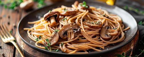 A plate of spaghetti with mushrooms and thyme on a wooden table. photo