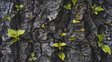 The rough texture of tree bark with new leaves starting to sprout photo