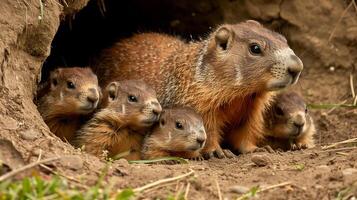 A photo of a groundhog family with cute babies venturing out of their burrow