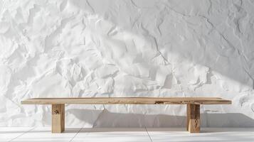 3D rendering of a modern wooden table with a minimalistic white stone wall background, perfect for product highlights photo