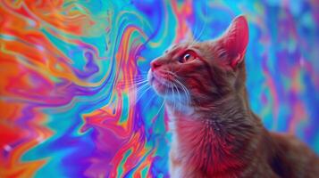 A close-up shot of a confused cat looking at a screen displaying abstract AI-generated art photo