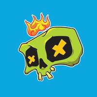 a green skull with a cross on it and flames crowning it vector