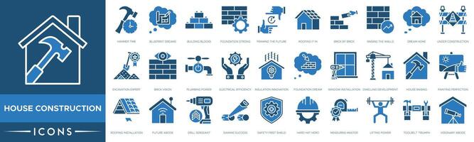 House Construction icon. Hammer Time, Blueprint Dreams, Building Blocks, Foundation Strong, Framing the Future vector