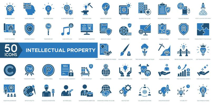 Intellectual Property icon. Spark of Genius, Mind's Treasure, Unlocking Ideas, Guarding Innovation, Creative Forge and Seeds of Invention