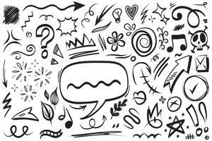 Hand drawn set elements, Abstract arrows, ribbons, hearts, stars, crowns and other elements in a hand drawn style for concept designs. Scribble illustration. vector