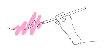 hand holding brush and doing painting in continuous one line drawing style. graphic illustration. vector