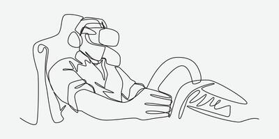 Continuous one line drawing of guy using virtual reality headset and playing car racing game, racing simulator. Editable line. Graphic illustration. vector