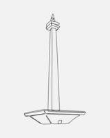 Continuous one single line drawing of Monas. Monumen Nasional, iconic building from Jakarta, Indonesia. Editable stroke. Isolated background graphic illustration. vector