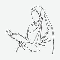 Continuous one line drawing of woman in hijab reading book. Editable stroke. Isolated background. Graphic illustration. vector