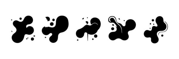 Black Liquid shapes, frames with uneven wavy edge set, collection. Water, fluid, paint, milk puddle, stain, rounded blot with splashes, drops, blobs, droplets. Design elements, backgrounds for text. vector