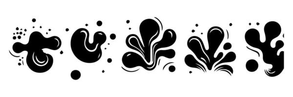 Black Liquid shapes, frames with uneven wavy edge set, collection. Water, fluid, paint, milk puddle, stain, rounded blot with splashes, drops, blobs, droplets. Design elements, backgrounds for text. vector