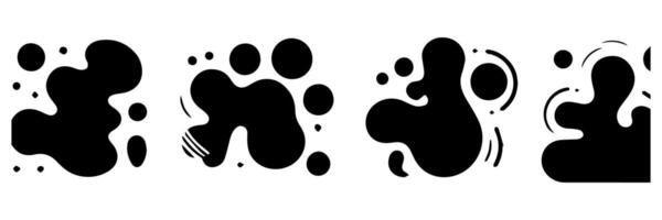 Black Liquid shapes, frames with uneven wavy edge set, collection. Water, fluid, paint, milk puddle, stain, rounded blot with splashes, drops, blobs, droplets. Design elements, backgrounds for text. vector