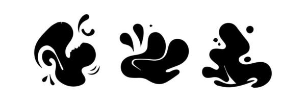Black Liquid shapes, frames with uneven wavy edge set, collection. Water, fluid, paint, milk puddle, stain, rounded blot with splashes, drops, blobs, droplets. Design elements, backgrounds for text. vector