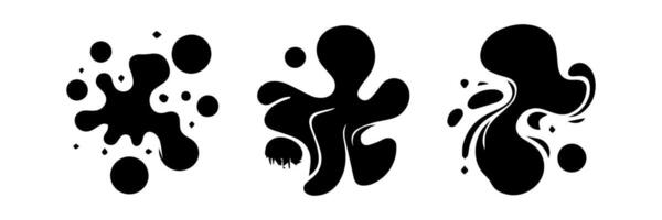 Black Liquid shapes, frames with uneven wavy edge set, collection. Water, fluid, paint, milk puddle, stain, rounded blot with splashes, drops, blobs, droplets. Design elements, backgrounds for text. vector