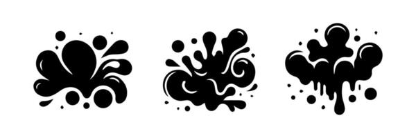 Black Liquid shapes, frames with uneven wavy edge set, collection. Water, fluid, paint, milk puddle, stain, rounded blot with splashes, drops, blobs, droplets. Design elements, backgrounds for text. vector
