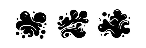 Black Liquid shapes, frames with uneven wavy edge set, collection. Water, fluid, paint, milk puddle, stain, rounded blot with splashes, drops, blobs, droplets. Design elements, backgrounds for text. vector