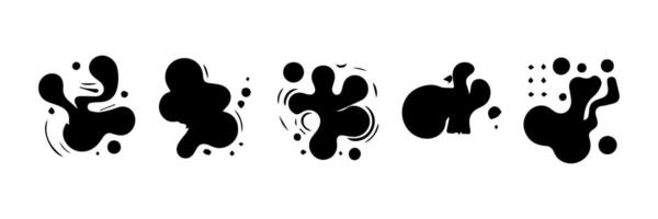 Black Liquid shapes, frames with uneven wavy edge set, collection. Water, fluid, paint, milk puddle, stain, rounded blot with splashes, drops, blobs, droplets. Design elements, backgrounds for text. vector