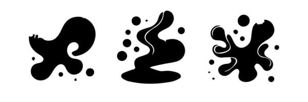 Black Liquid shapes, frames with uneven wavy edge set, collection. Water, fluid, paint, milk puddle, stain, rounded blot with splashes, drops, blobs, droplets. Design elements, backgrounds for text. vector