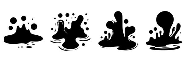 Black Liquid shapes, frames with uneven wavy edge set, collection. Water, fluid, paint, milk puddle, stain, rounded blot with splashes, drops, blobs, droplets. Design elements, backgrounds for text. vector