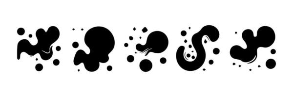 Black Liquid shapes, frames with uneven wavy edge set, collection. Water, fluid, paint, milk puddle, stain, rounded blot with splashes, drops, blobs, droplets. Design elements, backgrounds for text. vector