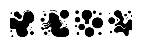 Black Liquid shapes, frames with uneven wavy edge set, collection. Water, fluid, paint, milk puddle, stain, rounded blot with splashes, drops, blobs, droplets. Design elements, backgrounds for text. vector