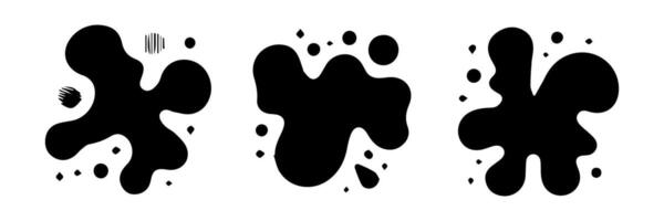 Black Liquid shapes, frames with uneven wavy edge set, collection. Water, fluid, paint, milk puddle, stain, rounded blot with splashes, drops, blobs, droplets. Design elements, backgrounds for text. vector