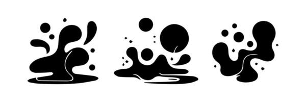 Black Liquid shapes, frames with uneven wavy edge set, collection. Water, fluid, paint, milk puddle, stain, rounded blot with splashes, drops, blobs, droplets. Design elements, backgrounds for text. vector