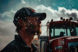 Young worker, track driver. The first snow falls and melts. Good for banner, poster, advertising, placard photo