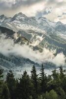 Landscape with clouds in the mountains. Hilly view with trees. Good for background, poster, cover photo