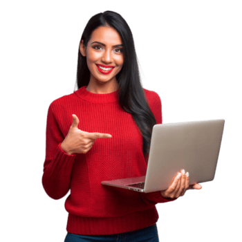 glimlachen vrouw gebruik makend van laptop richten Bij computer Aan transparant achtergrond png