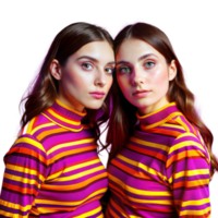 Twin sisters wearing colorful striped shirts on transparent background png