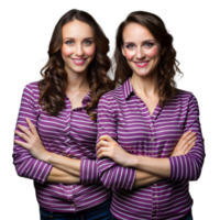 Smiling identical twins in matching striped shirts on transparent background png