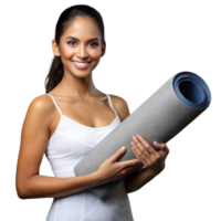 Woman smiling while holding a yoga mat on transparent background png