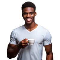 Man smiling while holding a coffee cup on transparent background png