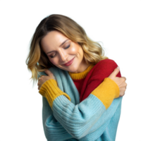 Woman hugging herself, feeling happy and relaxed on a transparent background png