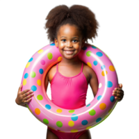 Smiling girl with float ring ready for swimming fun png