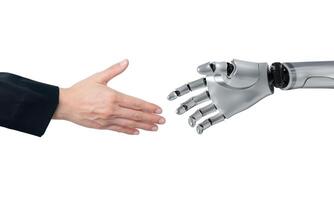 Ai hand with human hand trying to making handshake to each others isolated on white background. photo