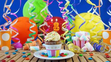 Birthday 78 cupcake with candles burning on rustic wooden table with background of colorful balloons, plastic cups and candies with blue wall in the background photo