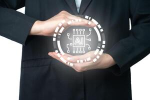 Business person showing hands gesture with AI icon. Artificial intelligence has become a critical technology in today's world and how it's transforming the way we think and live. photo