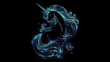 Neon frame effect unicorn, symbolizing purity and grace, Scotland, glow, black background. video