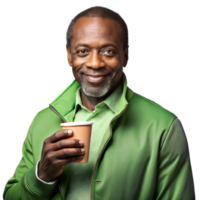 Smiling man in green jacket holding a coffee cup on transparent background png