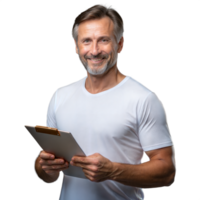 Smiling mature man with clipboard on transparent background png