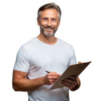 Smiling man writing on clipboard with transparent background png